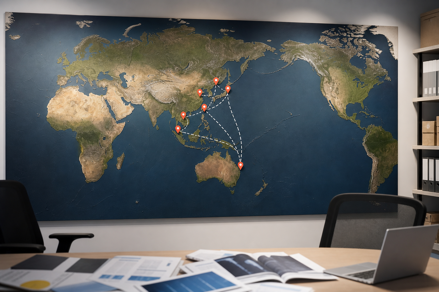 International trade route network diagram showing shipping corridors