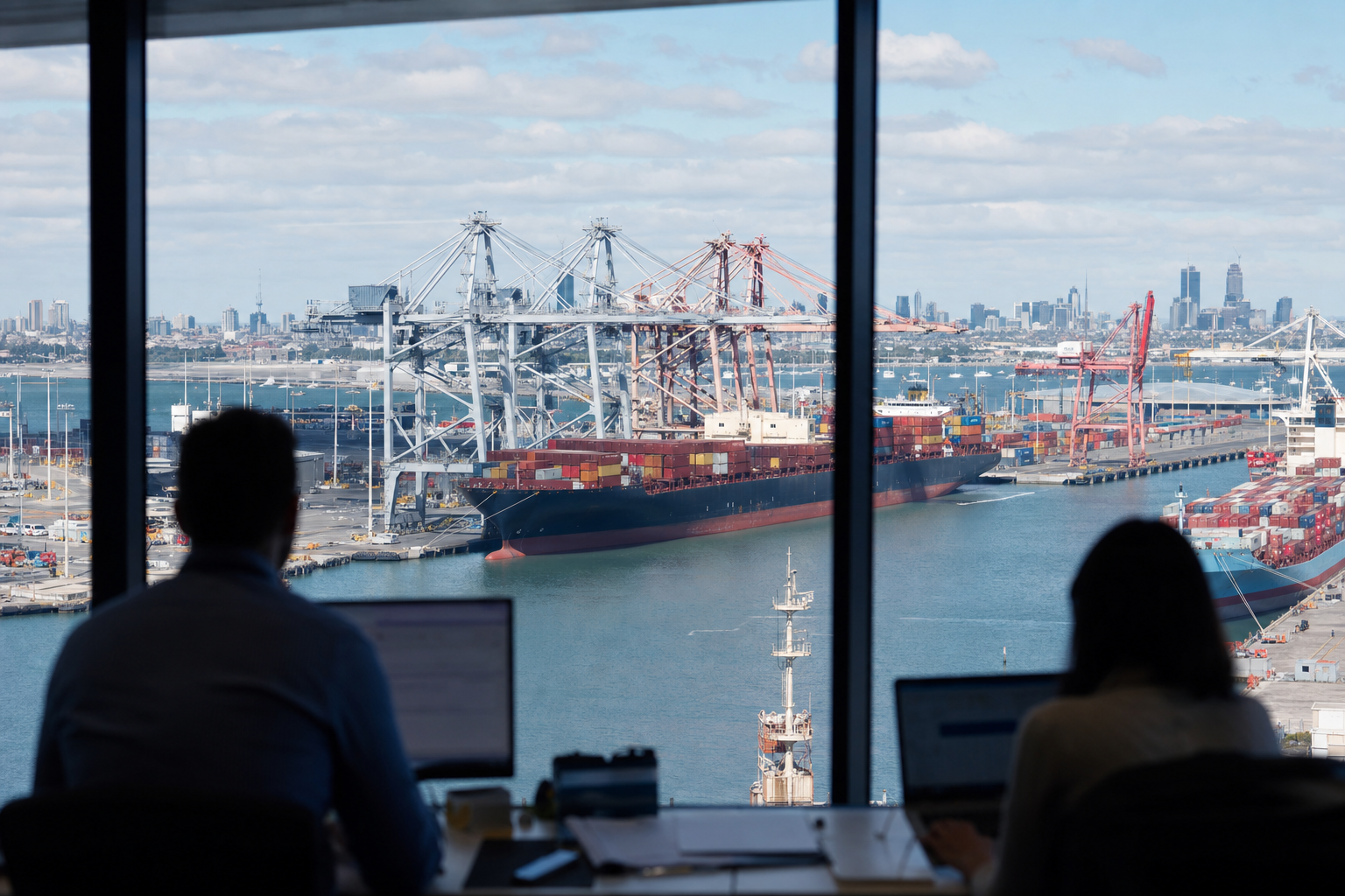 Corporate office window overlooking Melbourne container port with container ships, logistics planners working in foreground