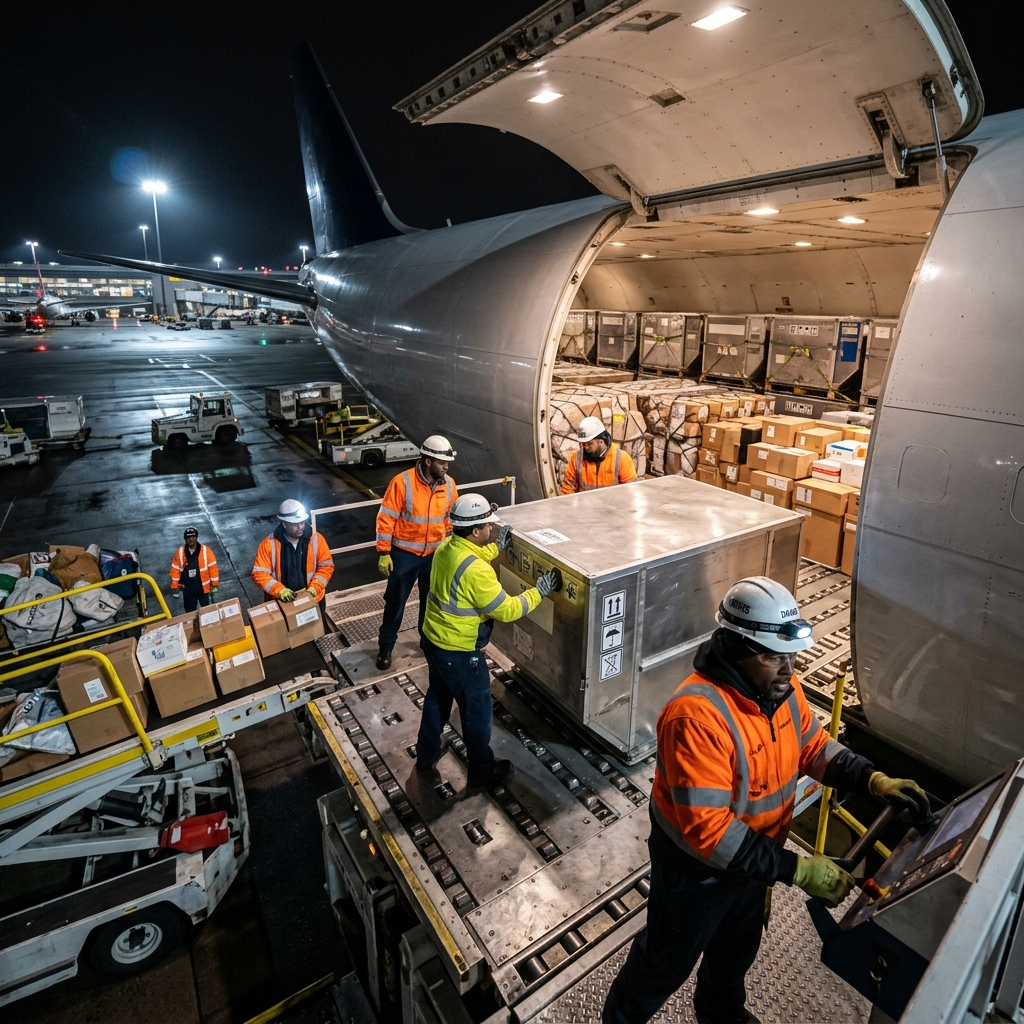 Cargo aircraft loading operations on tarmac