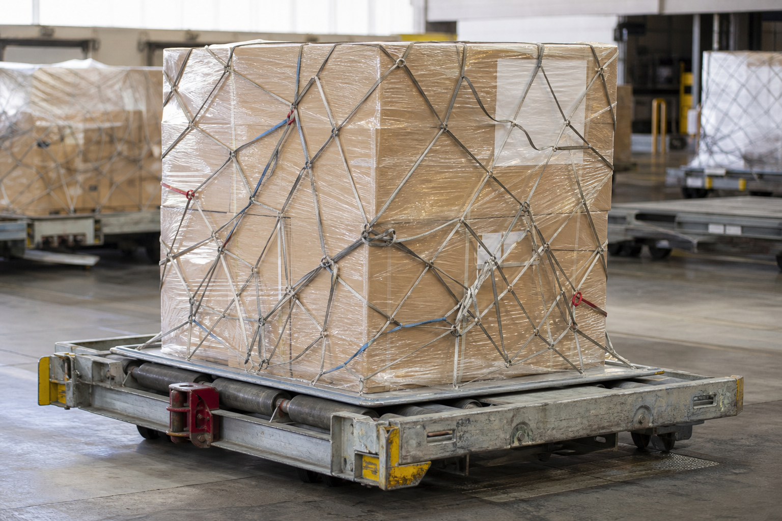 Commercial cargo pallet wrapped and labeled in airport cargo warehouse