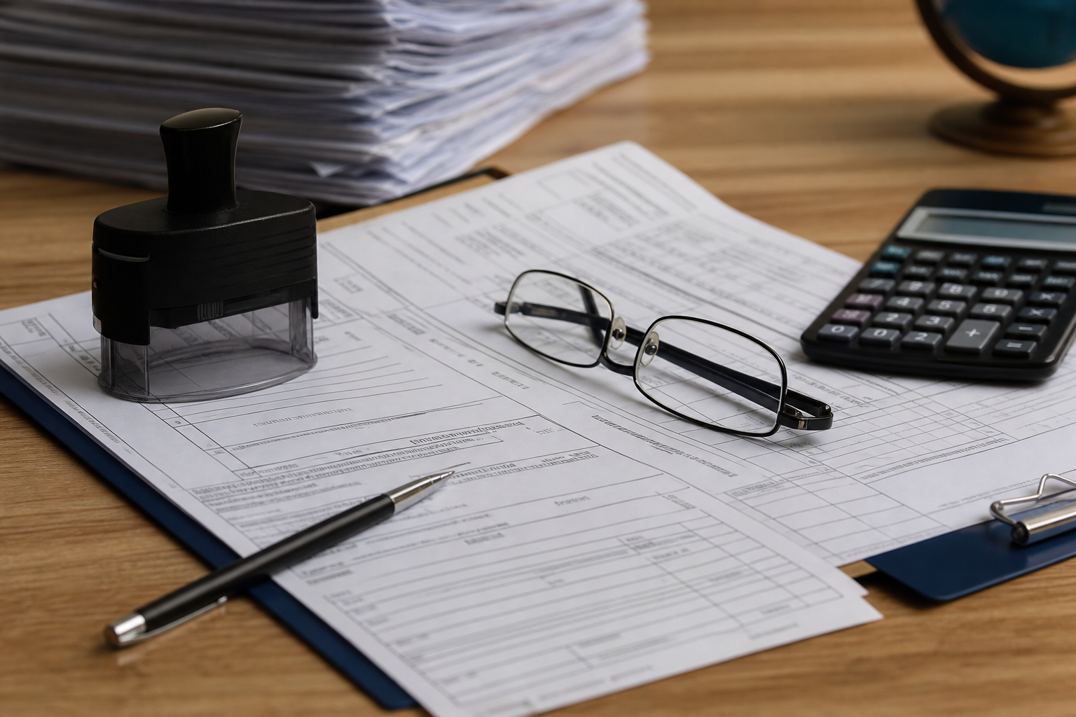 Customs declaration paperwork with calculator, stamp, and glasses on desk
