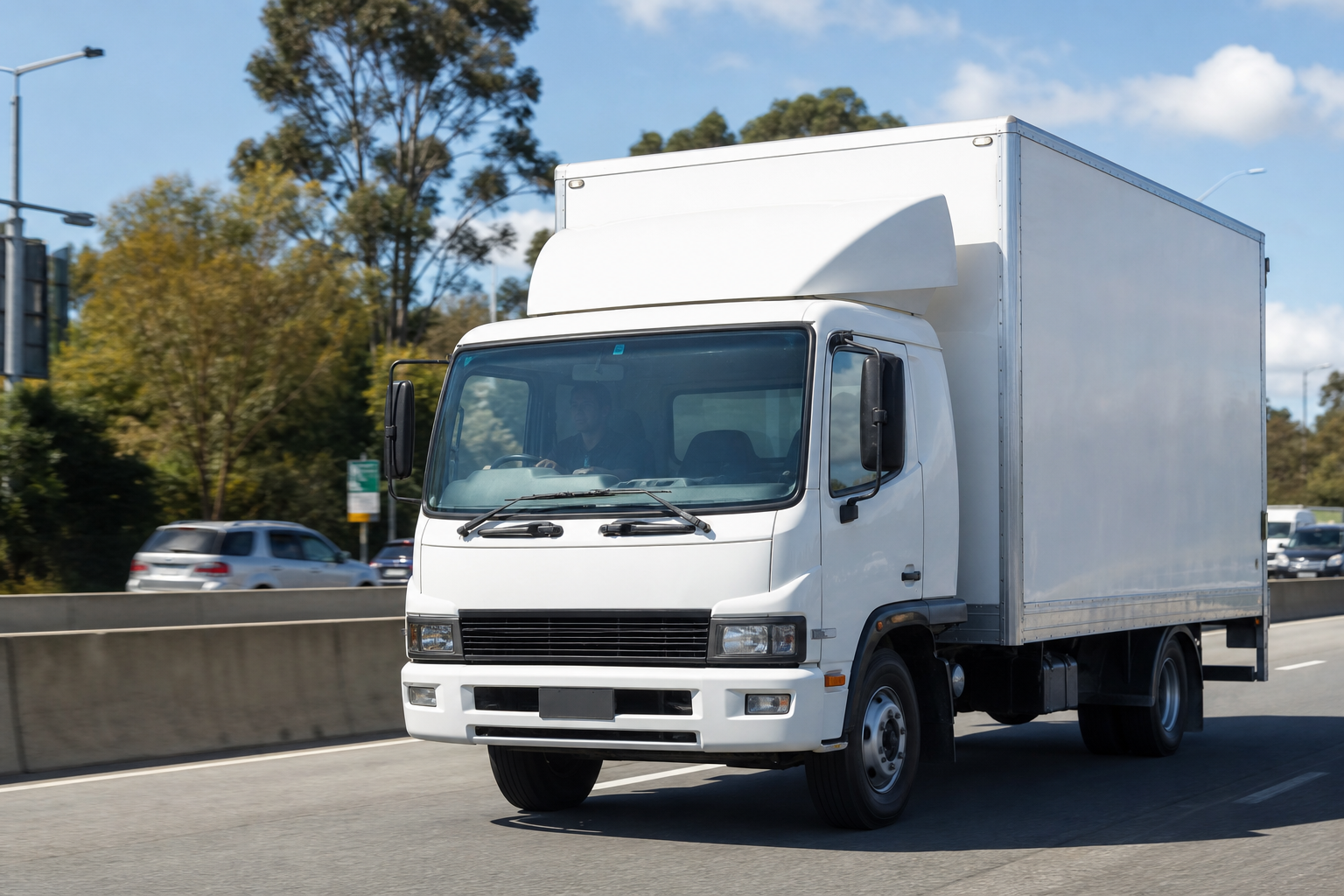 White delivery truck driving on a highway during day, dynamic motion, Melbourne outskirts background