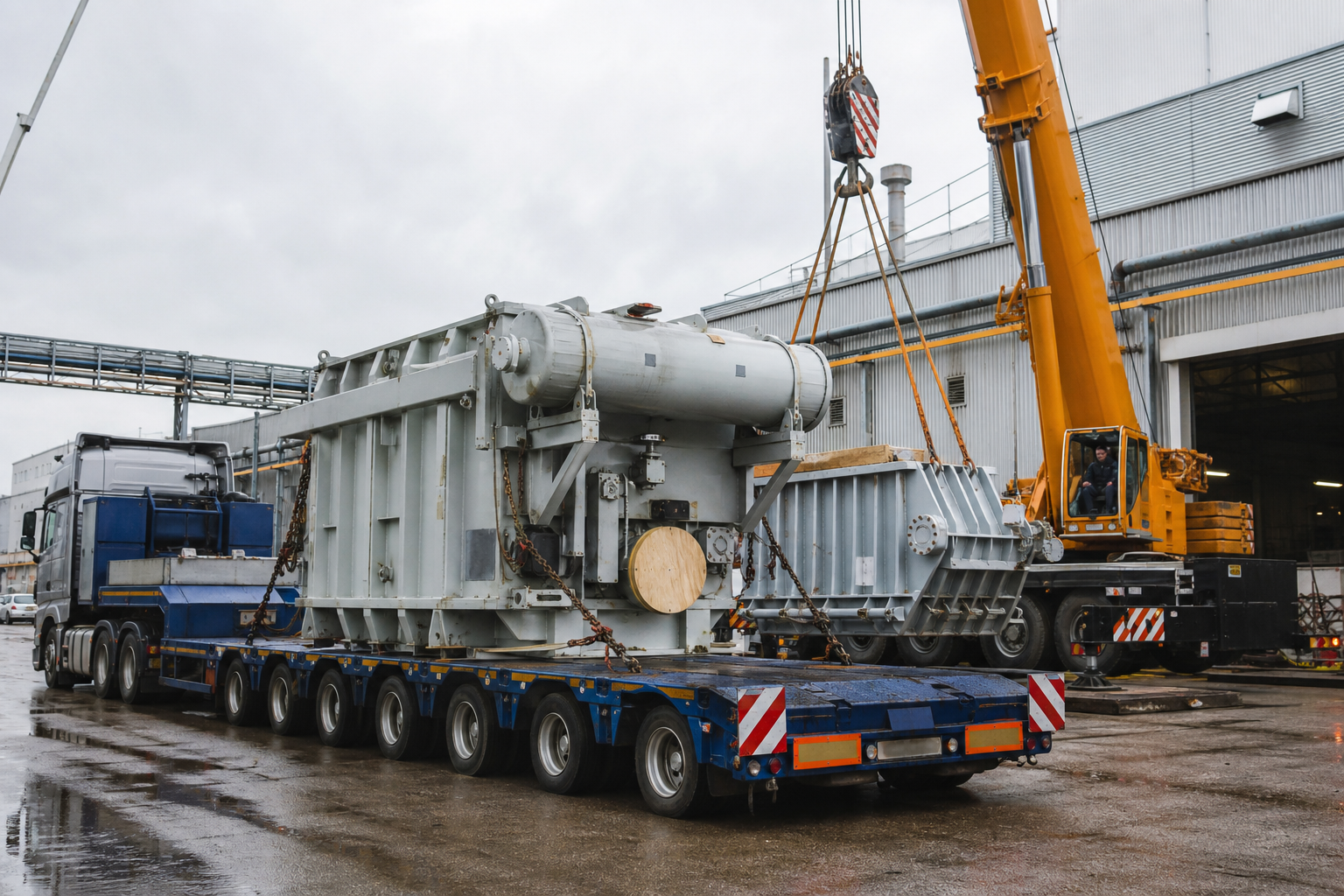 Heavy haulage delivery of machinery with crane unloading