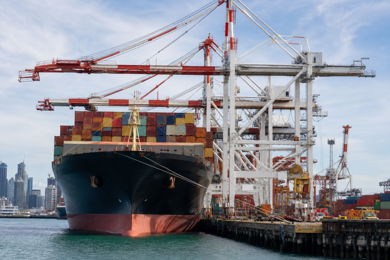 Container ship docked at Melbourne cargo terminal with gantry cranes loading shipments