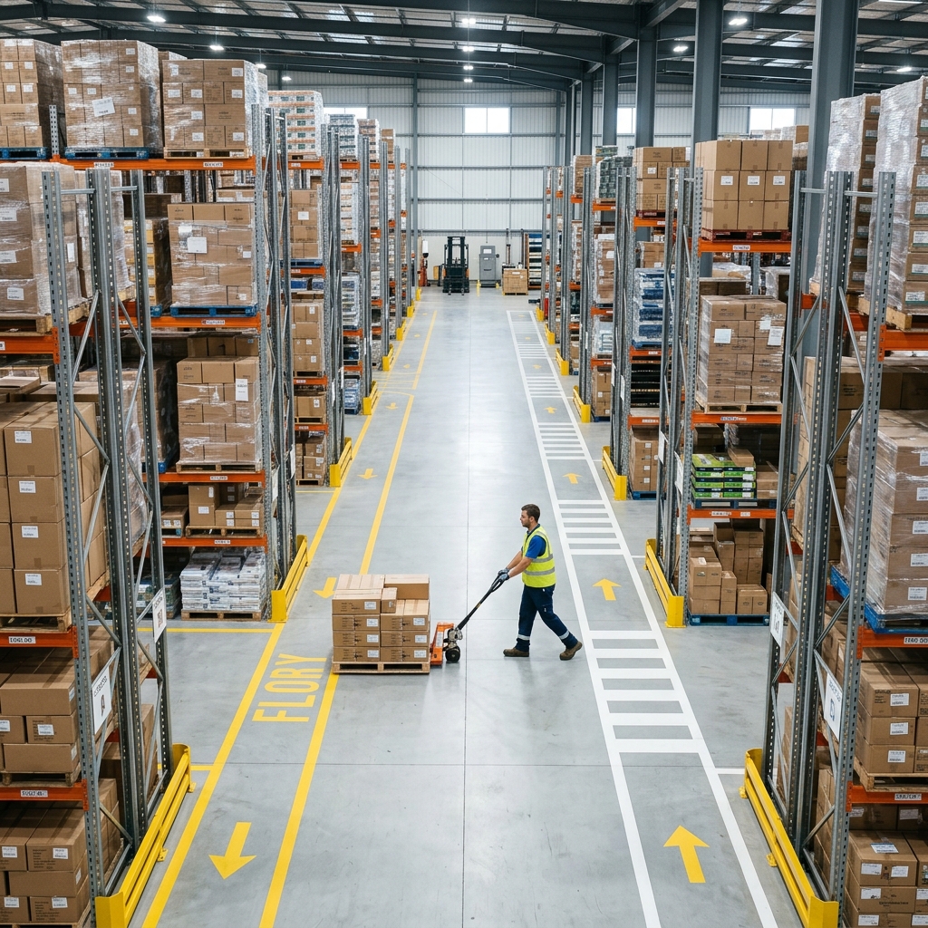 Warehouse floor showing layout storage zones and inventory tracking flow