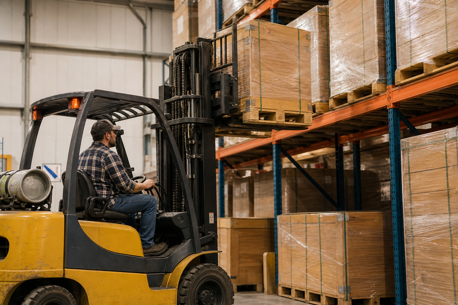 Warehouse forklift loading heavy wooden pallet onto high steel racks